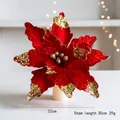Artificial red poinsettia Christmas flower with gold sequins and 30cm stem for tree decor - 32cm Diameter / Red