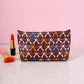 Dark brown square cosmetic bag with colorful penguin prints and zipper closure - Brown Penguin