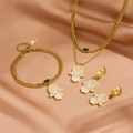 Golden Hamsa jewelry set with blue gemstone necklaces, bracelet and white enamel earrings - Full Necklace Bracelet Earrings Set (C612+G212)