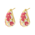 Élégantes boucles d'oreilles goutte dorées avec motif floral en émail rose sur fond blanc - Or Blanc & Rouge Rose