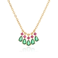 Gold chain necklace with five green teardrop pendants and pink crystal accents - Gold Green Zirconia