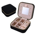 Portable black velvet jewelry box with pink lining, gold zipper, and mirror storage - Metal Zipper Style / Black