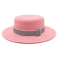 Detail of pink woven straw boater hat featuring a black and white striped ribbon band - M (56-58cm) / Dusky Pink