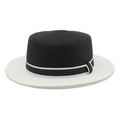 Contrast flat top boater hat with black straw crown, white brim and striped ribbon band - M (56-58cm) / Black+White