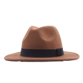 Classic brown felt fedora hat with wide flat brim and decorative black ribbon band - M (56-58cm) / Khaki