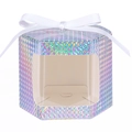 Holographic hexagonal gift box with white satin ribbon and clear PVC window - Mini Plaid