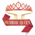 Detail view of a gold-red tiara and red glitter sash with Birthday Queen lettering - Set 32 Red Birthday Queen