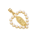 Close-up of golden heart pendant with pearl inlay and religious Madonna relief detail - VD1362 Gold Pearl Heart Virgin Mary