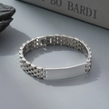 Minimalist silver stainless steel watch-style link bracelet with customizable ID plate - 8mm / Curved 5-Link with ID Plate / Steel