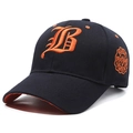 Navy blue baseball cap with orange B embroidery and vintage circular side patch - Adjustable / Navy Blue with Orange Embroidery