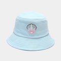 Detail of light blue bucket hat with seashell embroidery and reinforced brim stitching - M (56-58cm) / Light Blue