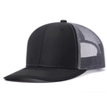 Detailed side view of black and gray trucker hat with breathable mesh and structured crown - Patchwork Mesh / Black and Gray