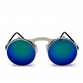 Steampunk flip-up round sunglasses with silver frame and blue-green gradient mirror lenses - Silver Frame Green Mirror (C6)