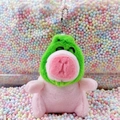 Pink plush capybara keychain with green headgear accessory and metal bead chain - Frog Hat Pink + Bead Chain