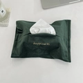 Detail of dark green velvet tissue holder with Happiness gold embroidery on a desk - Dark Green