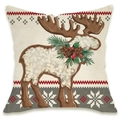 Kerst kussenhoes van linnen met elandprint en rode geometrische sneeuwvlokranden - Rood Rendier