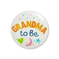 Detailed macro of grandma to be baby shower tinplate badge with colorful heart and moon motifs - Grandma to be