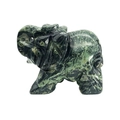 Polished green and black spotted gemstone elephant statue carving on a white background - Sparrow Stone / 1.5 Inches