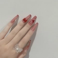 Faux ongles longs coffin roses avec nœuds rouges, pointes French et motifs cœurs - Style Nœud Rose Cœur (JP1201) / 24 Pièces/Boîte