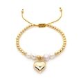 Baroque natural pearl heart bracelet with 18K gold beads and adjustable woven cord - Gold/White