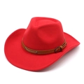Detail of red cowboy hat featuring a brown leather belt with vintage metal buckle - M (56-58cm) / Red