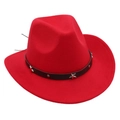 Detail of red cowboy hat with black leather band and silver star metal studs - Red (Star Band)
