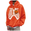 Orange Halloween hoodie with skeleton and pumpkin print, drawstring fleece sweatshirt - S / Tops / Orange