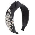 Cerchietto a nodo in raso nero alla moda con perle finte bianche e decorazioni silver - Stile 2 Nero