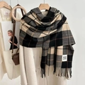Beige and black plaid cashmere-like scarf with tassels and Good Luck tag - Block Plaid Black