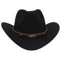 Detail of black felt cowboy hat featuring a brown band with a golden feather buckle - M (56-58cm) / Black Cowboy (Gold Feather)