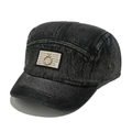 Detail of washed denim 5-panel camper hat with fabric patch and gold ring metal logo - M(56-58cm) / Black