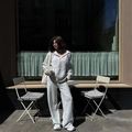 Women's grey zip hoodie and loose sweatpants set in casual minimalist sporty style - S / Gray