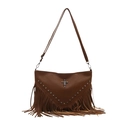 Brown faux leather crossbody bag featuring metal studs, cross logo, and long tassels - Brown