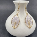Gold tree of life wire-wrapped drop earrings with purple crystal chips on hooks - White Crystal