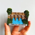 3D resin fridge magnet featuring Lamalou-les-Bains stone bridge with green trees - (81) French Bridge