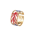 Detailed close-up of hollow gold coral ring with red and blue enamel and bead edges - J418-1 Red Blue Coral / Adjustable Open