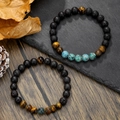 Hip hop beaded bracelets with natural volcanic stone, turquoise, and tiger eye beads for men - 2 Pcs Set Lava Stone Turquoise Tiger Eye