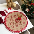 Round jute Christmas placemat with red pom-poms and Santa Claus print for holiday table decor - Style 1 Red (Pom-poms)