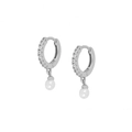 Detail of S925 silver hoop earrings with cubic zirconia and round white pearl charms - Zirconia Chain Pearl Drop / White Gold