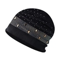 Berretto in maglia di ciniglia zaffiro nero per donna con strass e accenti dorati lucidi - Regolabile / Nero