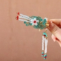 Ancient style gold hairpin with blue clouds, pearls and long colorful tassels - F0354 Style 1