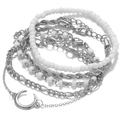 Silver layered bracelet set with moon pendant and figaro chains on white background - 5 Pcs Silver Crescent Moon Beads Set