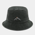 Close-up of mountain sunset embroidery and breathable metal eyelets on washed denim bucket hat - M (56-58cm) / Army Green
