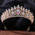 Detailed macro of Baroque bridal tiara featuring AB crystals and champagne gold engraving - Hollow Gold AB Rhinestones