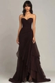 Detail of elegant dark brown ruffled evening dress with layered chiffon skirt and sleek waist - S / Coffee