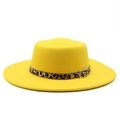 Detail view of yellow wool felt fedora hat featuring leopard print band with gold buckle - Yellow