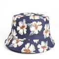 Detail of navy blue floral sun hat with white flower print and precise stitching - M (56-58cm) / Navy and Multi-color