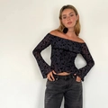Zwarte off-shoulder mesh top met bloemenprint, lange mouwen en strikdetail voor dames - S / Donkerblauw
