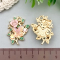 Golden flower and butterfly charms with pink enamel rose and crystal rhinestone details - Pink Branch Butterfly Flower (19625)