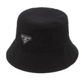 Fashionable black bucket hat with crinkle texture and triangle fashion logo patch - Black